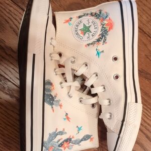 Converse White High-Tops with Cactus And Bird Stitching Youth Size 3